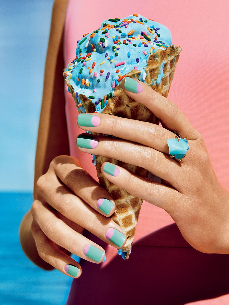 women's blue and silver ring, food, ice cream, hands, painted nails