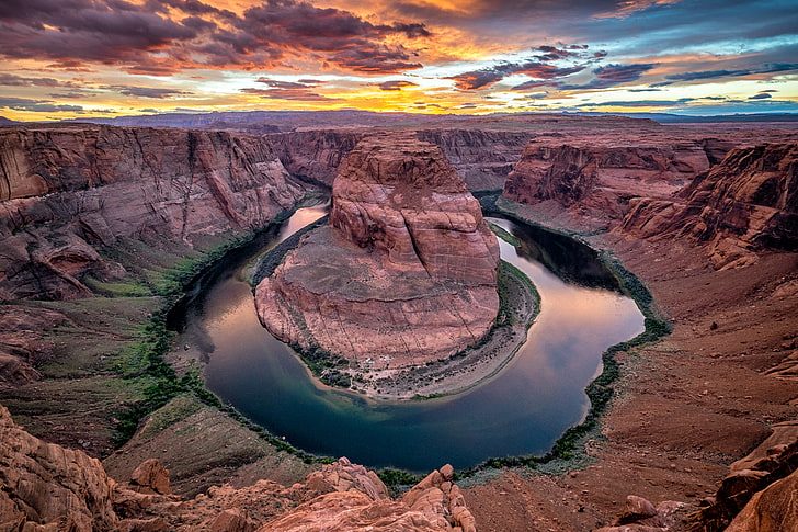 rock formation and body of water, canyon, river, horseshoe bend