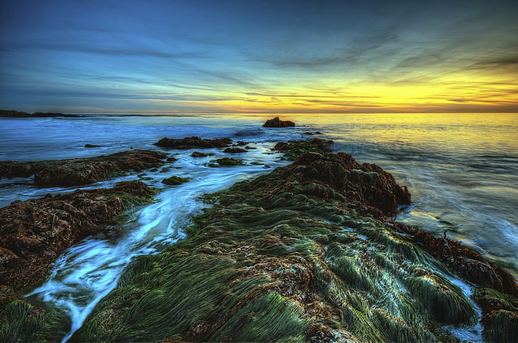 Nature, Landscape, Sunset, Sea, Rocks, HD wallpaper