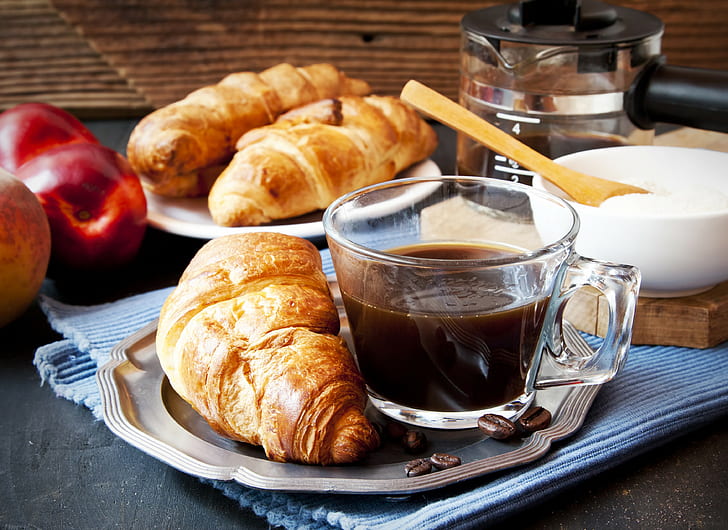 Breakfast, Croissant, coffee, cup, cream, croissants, HD wallpaper