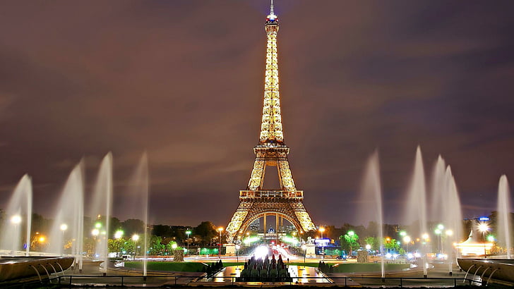 paris, eiffel tower, fountain, evening, city lights