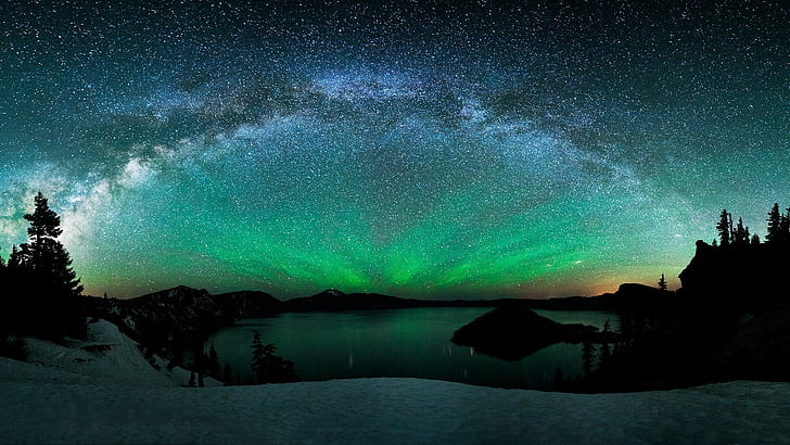 nature, 1920x1080, Mountain Lake, night sky, milky way, Aurora Borealis
