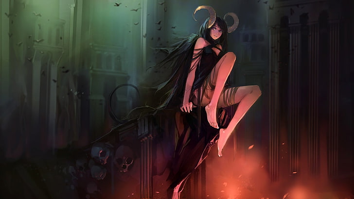 female anime character wallpaper, devils, hell, skull, horns