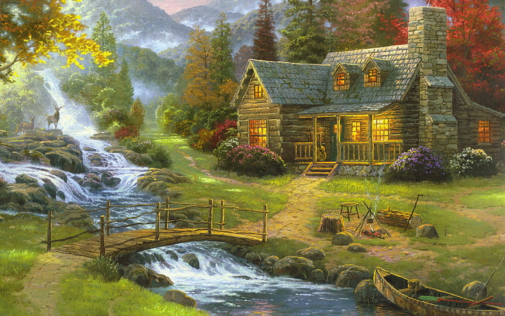 house near river painting, building, Thomas Kinkade, cottage, HD wallpaper