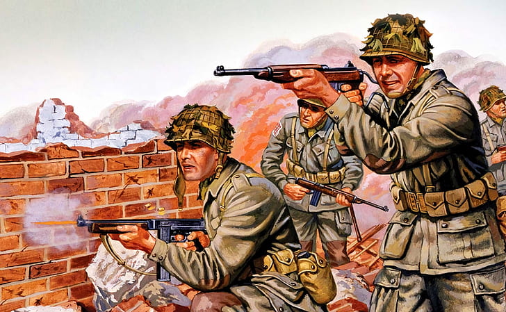 Soldiers, USA, The Second World War, Carabiner, Submachine gun Thompson