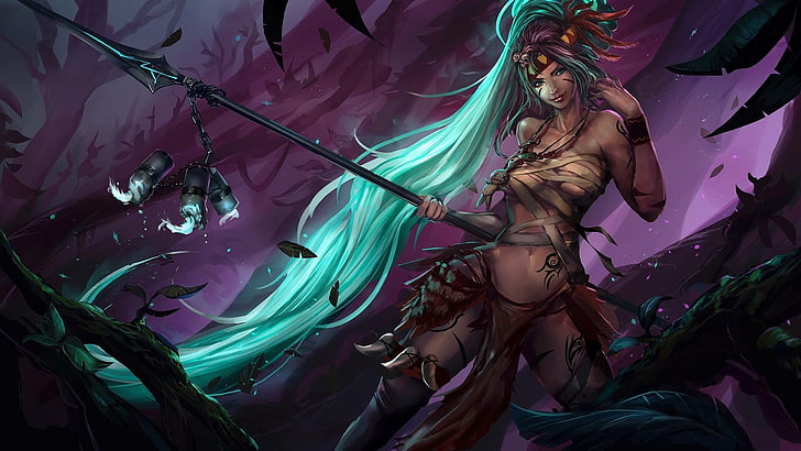 woman holding spear wallpaper, Nidalee (League of Legends), real people, HD wallpaper