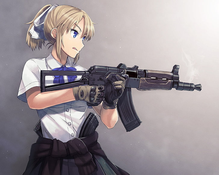 anime, anime girls, blonde, blue eyes, gloves, gun, weapon, HD wallpaper