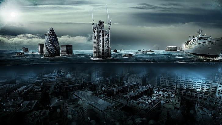flood cityscape london england uk split view sunken cities