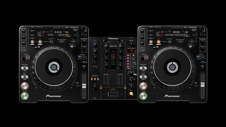 black Pioneer DJ controller, mixing consoles, turntables, technology