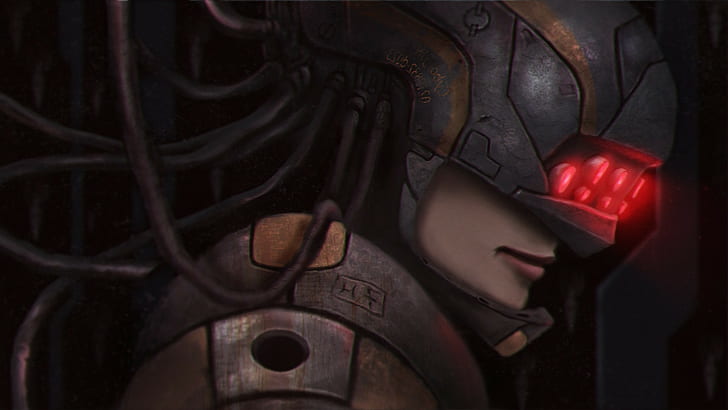 digital art fantasy art women face futuristic helmet cyborg glowing eyes technology shields pipes dark artwork
