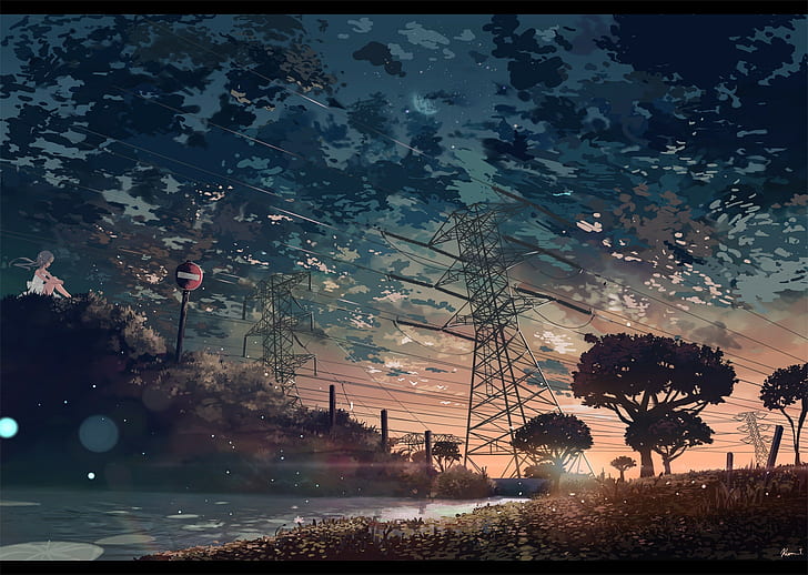 anime, artwork, power lines, sunset, clouds, utility pole, trees