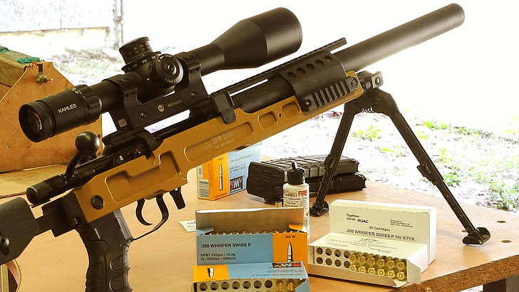 black and yellow Bostitch nailer, gun, sniper rifle, rifles, Bolt action rifle