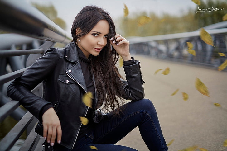 women's black leather zip-up jacket, brunette, women outdoors, HD wallpaper