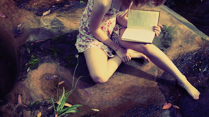 women, summer  dress, books, reading, barefoot, introvert, one person