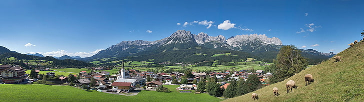 greenfield wallpaper, landscape, Austria, town, valley, mountains, HD wallpaper