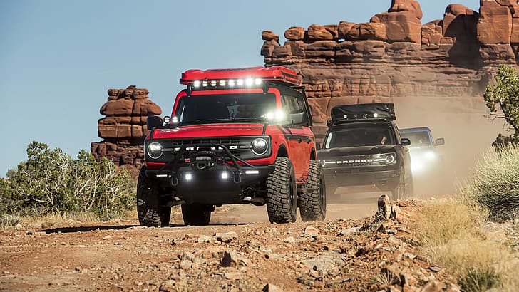 Ford Bronco, car, vehicle, desert, off-road, dirt road, red cars