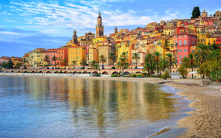 Menton city on Cote d’Azur French Riviera France sandy beach under the old colorful city Ultra HD Wallpaper for Desktop Tablet and Mobile Phones 5200×3250, HD wallpaper