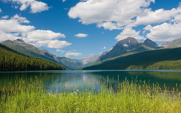Bowman Lake, Glacier National Park, Montana, mountains, clouds, HD wallpaper