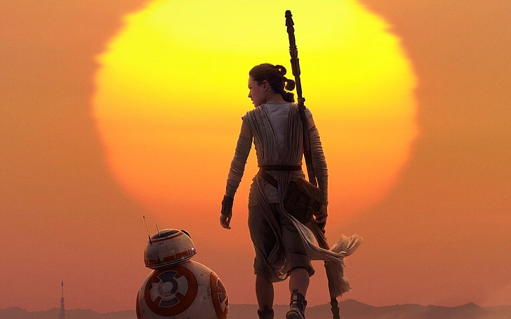 Rey & BB 8 Star Wars The Force Awakens, sunset, one person, orange color