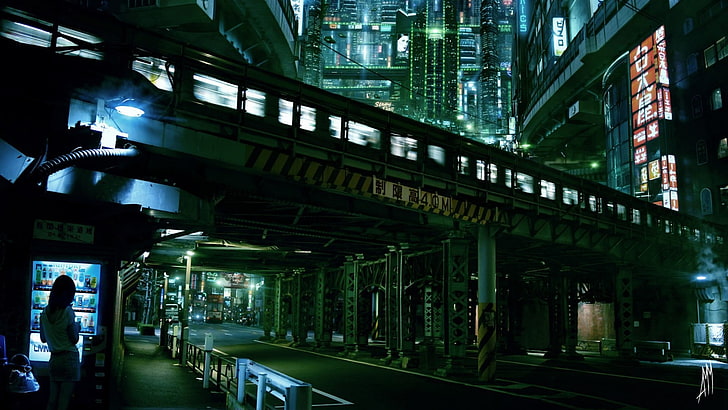 city, cyberpunk, night, metro, Japan, architecture, built structure