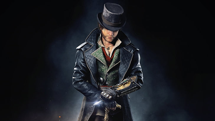 man wearing black leather peaked lapel coat and top hat, Assassin's Creed
