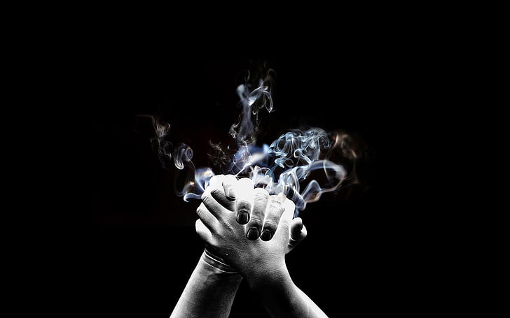 two hands and smoke wallpaper, black background, digital art