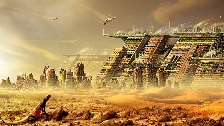 city digital wallpaper, science fiction, futuristic, desert, digital art