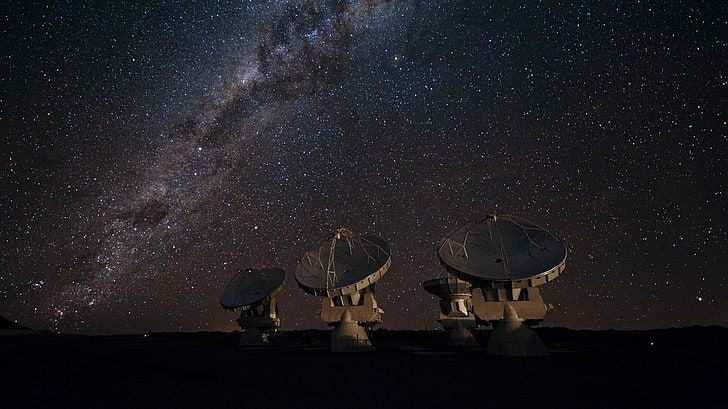 three gray satellites, space, space art, stars, antenna, astronomy
