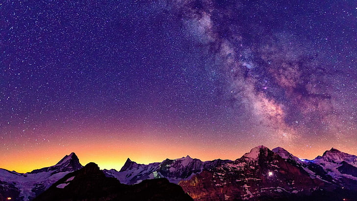 sky, stars, mountain, zermatt, sunsets, purple sky, orange sky, HD wallpaper