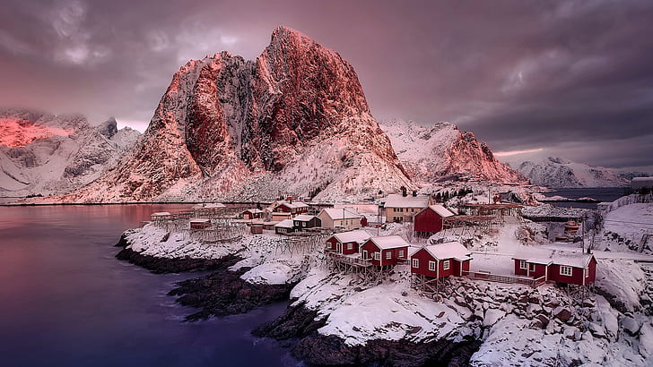 nature, winter, mountain, lofoten islands, snow, reine, norway