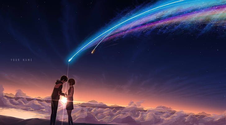 the sky, girl, stars, clouds, sunset, night, anime, art, guy