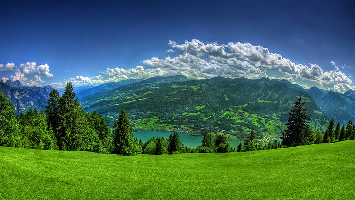 nature, landscape, hills, green, trees, water, sky, Switzerland, HD wallpaper