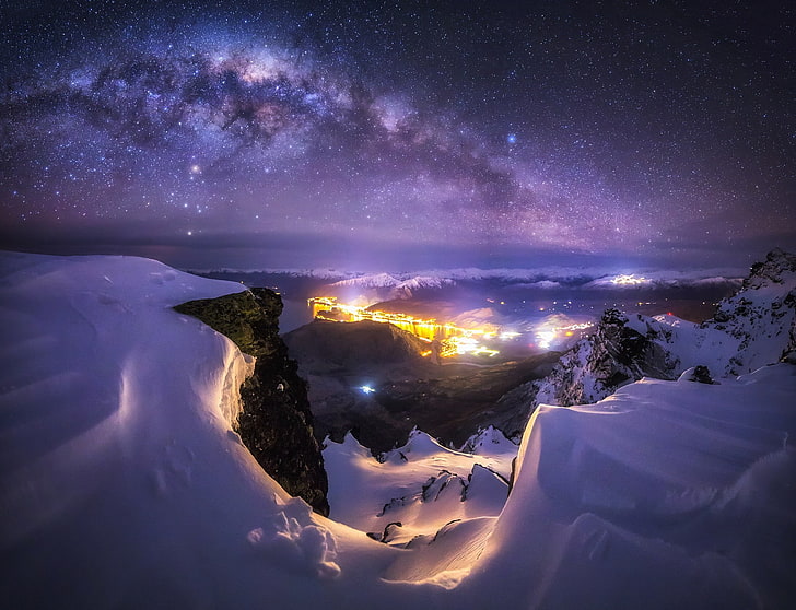 mountain landscape, nature, Milky Way, galaxy, city, starry night, HD wallpaper