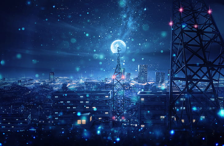 Anime, Original, City, Girl, Light, Moon, Night, Sky, Snowfall
