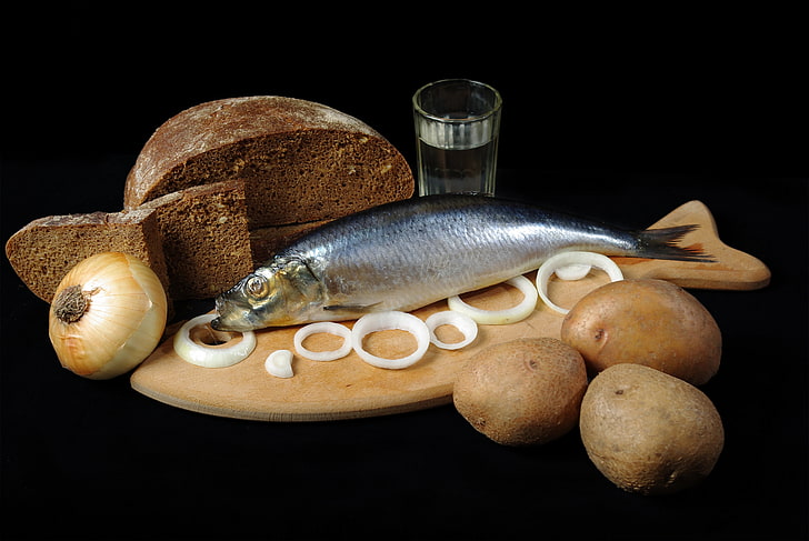 silver fish, glass, ring, Board, vodka, herring, potatoes, black bread, HD wallpaper