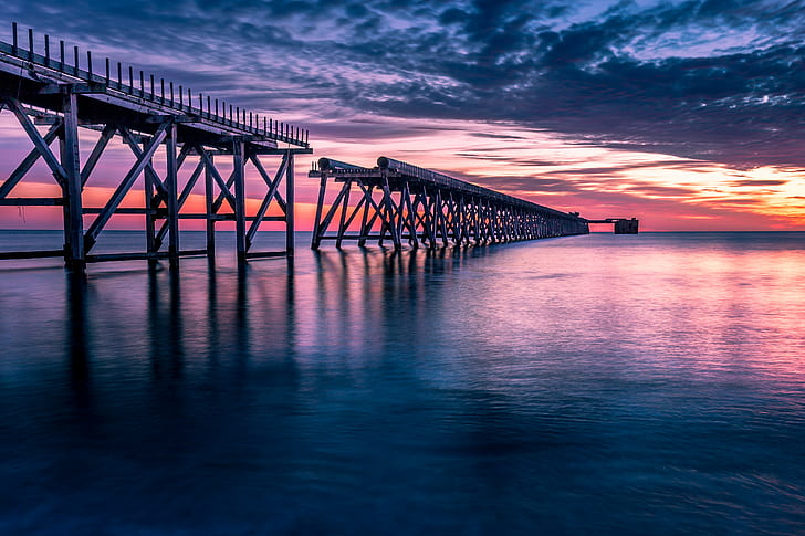 view of sea during sunset, Steetley, Pier, Sunrise, Canon 6D, HD wallpaper