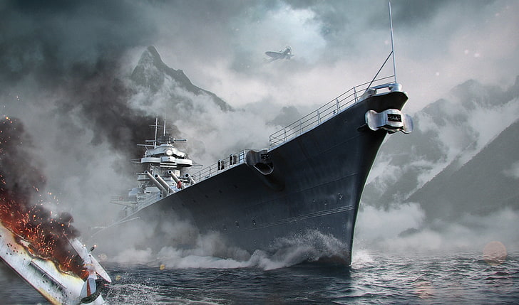 battleship illustration, Water, Sea, Mountains, Fog, Wave, Bismarck