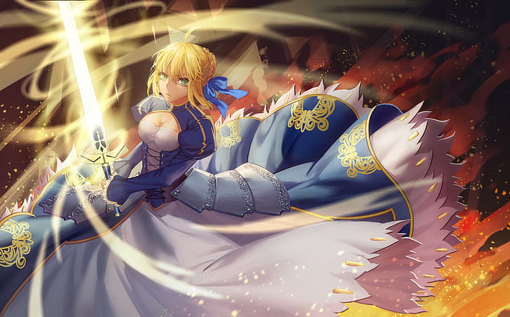 blonde, Fate/Stay Night, Fate Series, Saber, dress, armor, sword