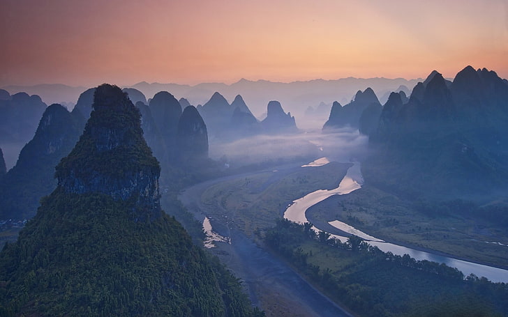 mountains, nature, landscape, river, mist, China, forest, scenics - nature, HD wallpaper