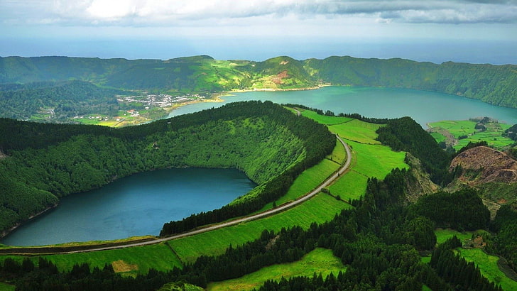 nature, landscape, lake, Portugal, road, green, trees, clouds