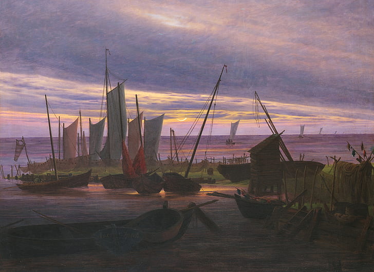 picture, sail, seascape, Caspar David Friedrich, Boats in the Harbor in the Evening