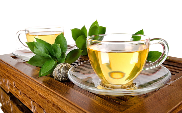 clear glass tea cup, cups, drink, grass, tea - Hot Drink, leaf, HD wallpaper