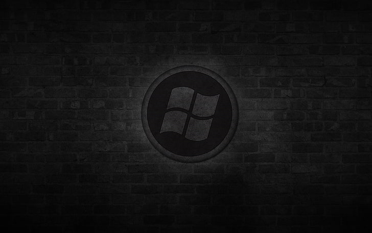 Windows logo, wall, black, round, brick, dark background, backgrounds