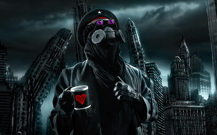 Romantically Apocalyptic Captain, cup, heart, a gas mask, the apocalypse