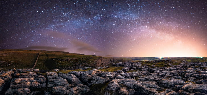 landscape photography of hills, Malham Cove, Milky Way, Pano