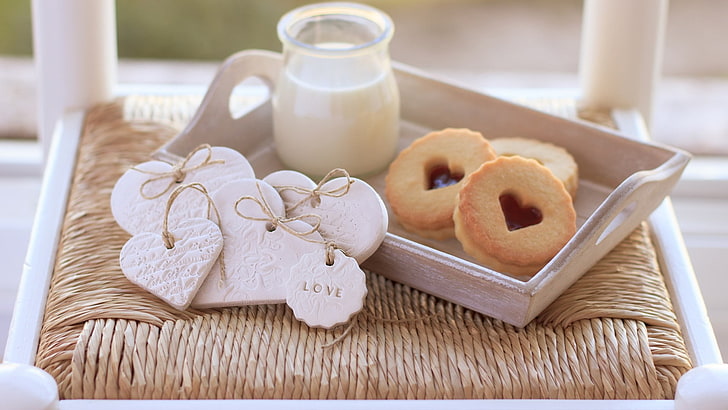 milk, heart, cookies, love, breakfast, sweets, food and drink, HD wallpaper