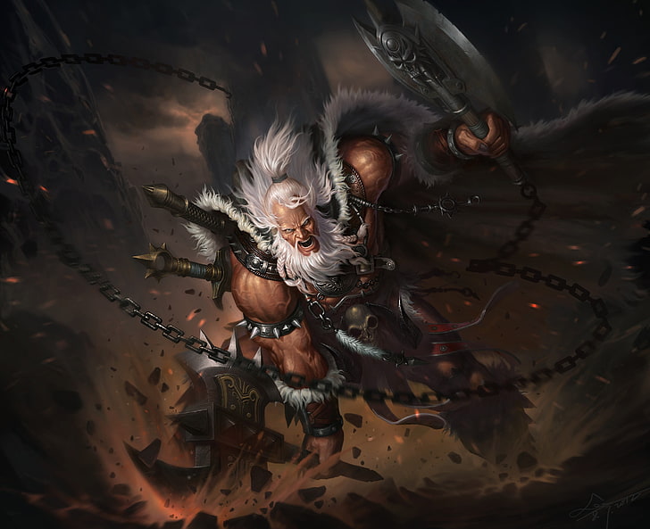 man holding battle axe illustration, Diablo, Diablo III, video games