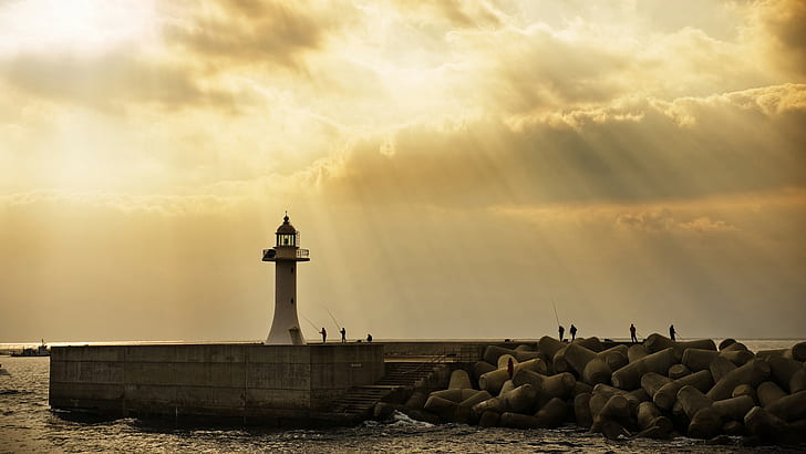 lighthouse, sunlight, coast, sky, clouds