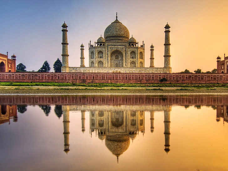 Taj Mahal, India, architecture, reflection, water, palace, sky, HD wallpaper