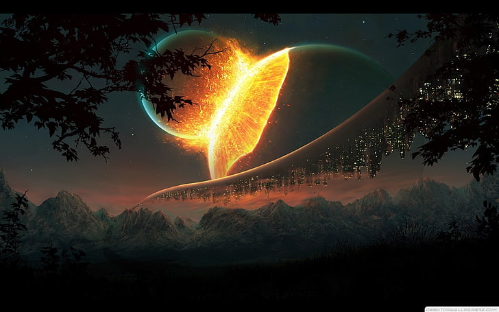 colliding planets illustration, sky, futuristic, digital art, HD wallpaper